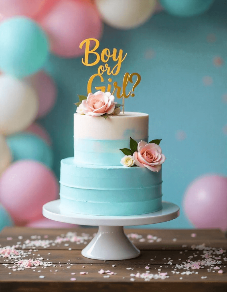 Whimsical gender reveal cake with floral accents and a ‘Boy or Girl?’ topper.