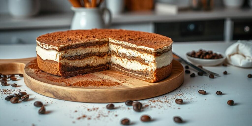 Delicious homemade tiramisu cake on a plate, showcasing perfect layers of coffee-soaked sponge and mascarpone cream