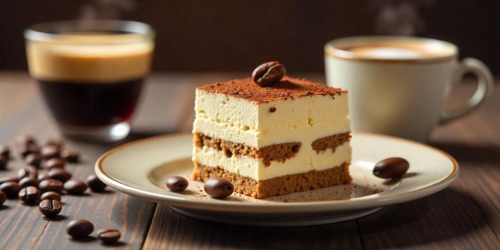 Layers of delicious tiramisu cake topped with cocoa powder and mascarpone cream