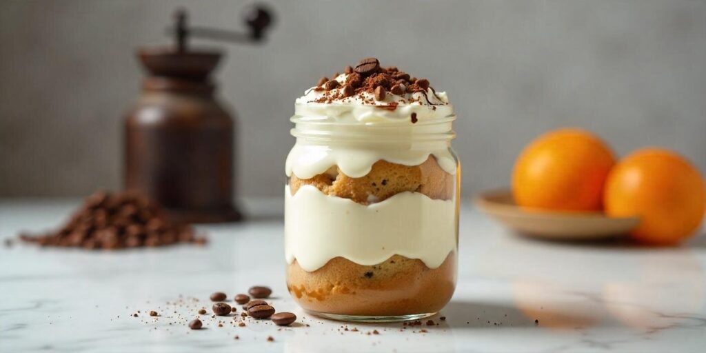 Close-up of homemade tiramisu cake with rich layers of coffee-soaked cake and creamy mascarpone frosting.