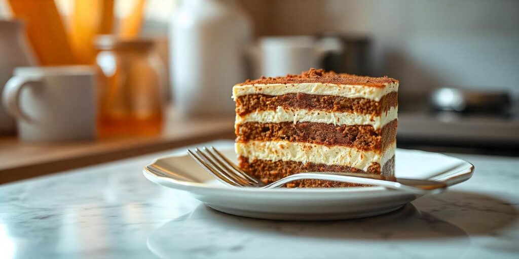 A slice of freshly baked tiramisu cake with a creamy, dreamy filling and a sprinkle of cocoa powder on top.