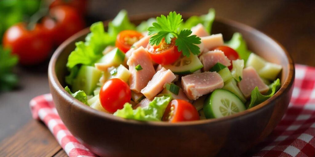 Fresh and colorful ham salad with vegetables and a light mayo dressing.