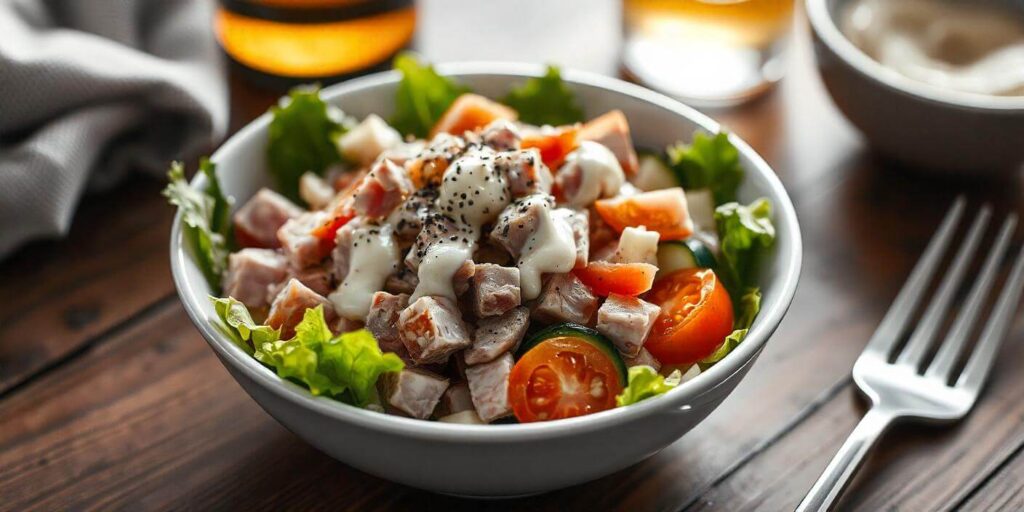 Delicious ham salad served in a bowl with a creamy dressing and fresh ingredients