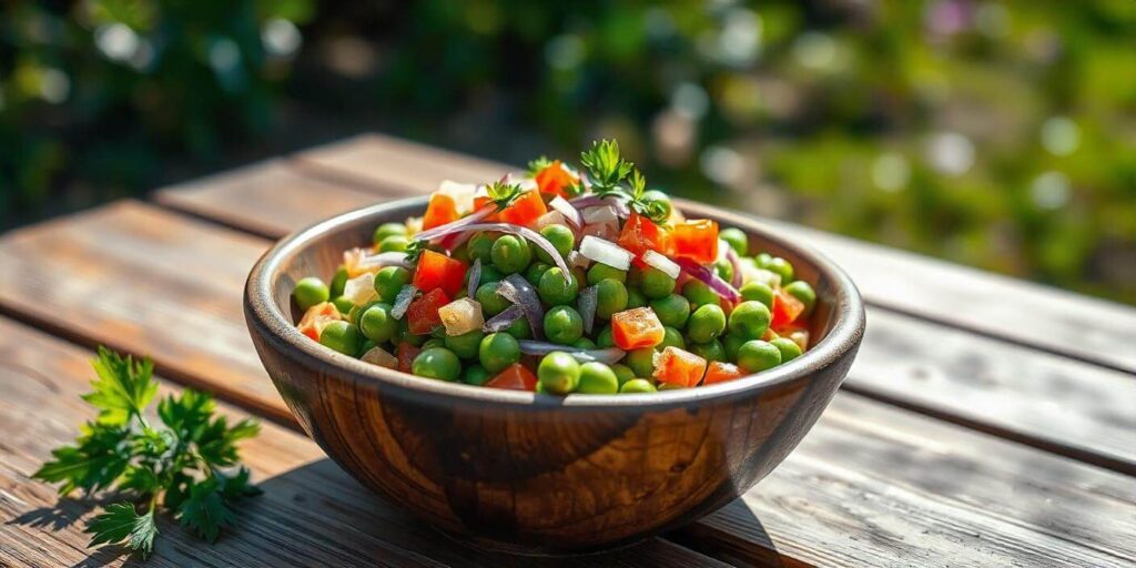 A vibrant pea salad with creamy dressing, cheese, and crispy bacon in a bowl.