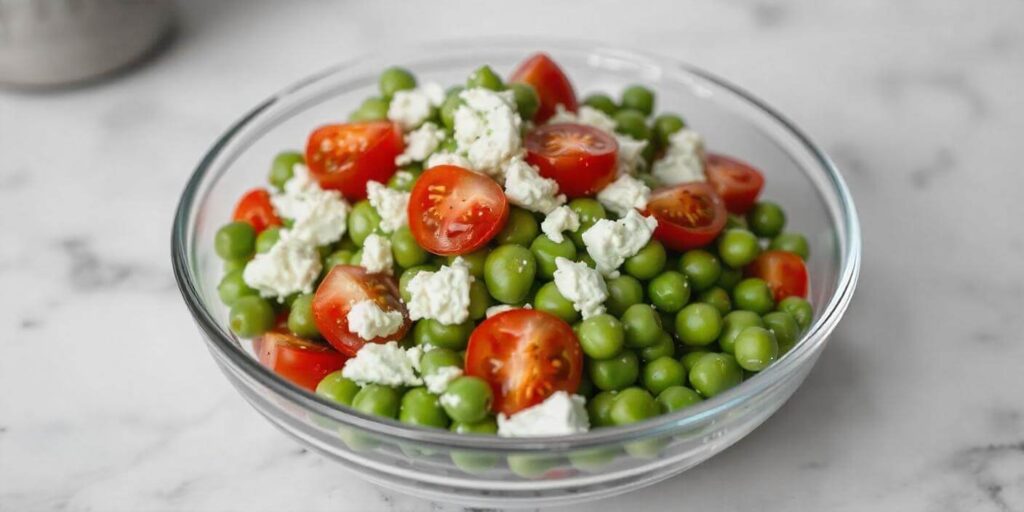 Homemade pea salad garnished with feta and served in a bowl.