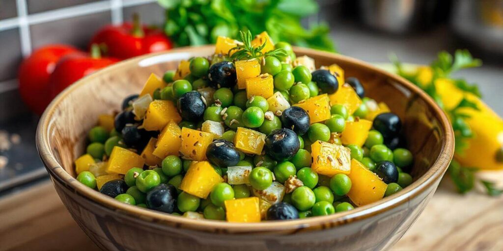 Delicious pea salad with green peas