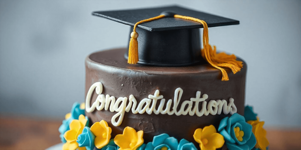 Fun and festive graduation cake with bold colors and a congratulatory message
