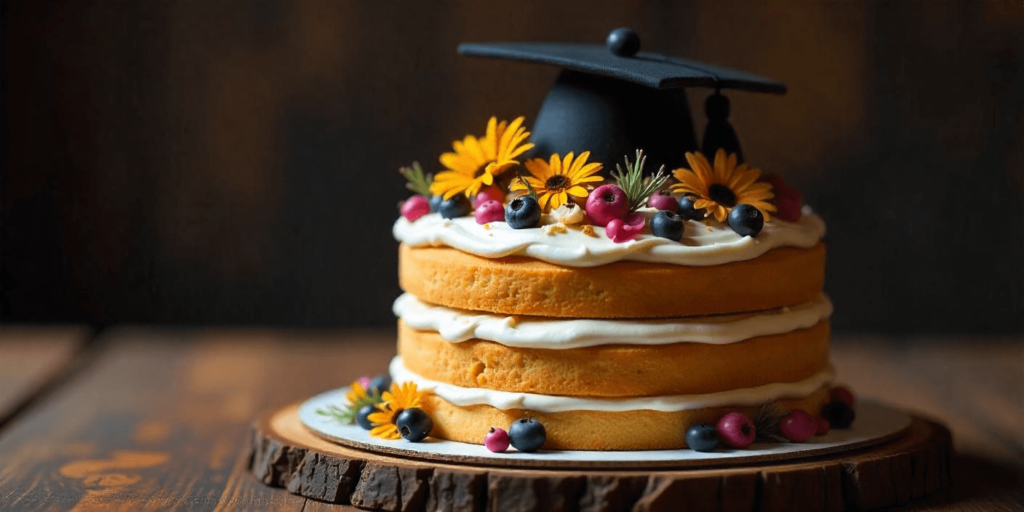 Beautiful floral graduation cake with pastel colors and a cap
