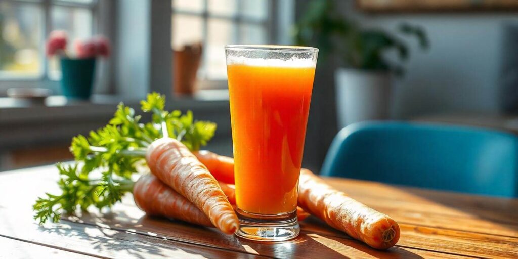 Homemade carrot juice served in a glass with fresh carrots on the side