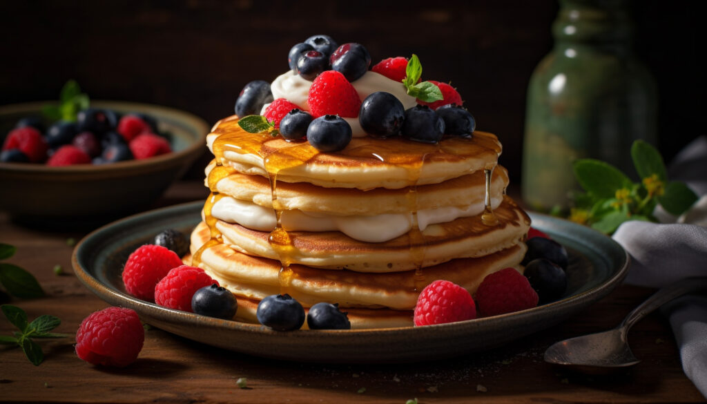 Delicious Cracker Barrel pancakes served with fresh fruit and syrup
