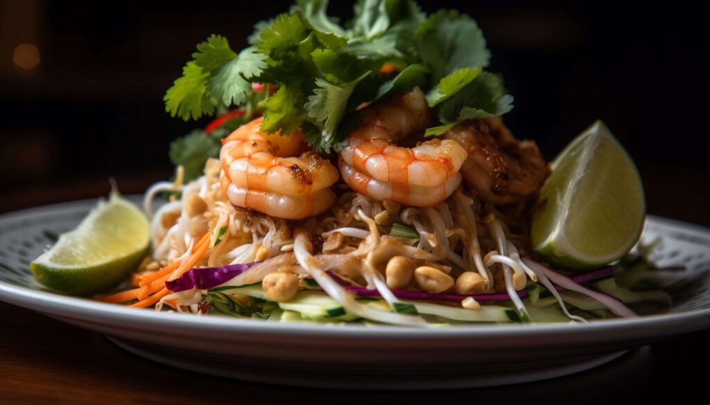 Shrimp salad with a variety of fresh veggies and a tangy dressing on top