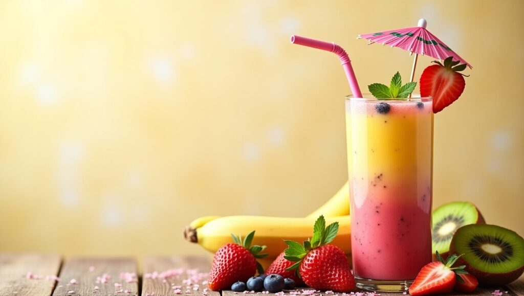 A colorful smoothie bowl topped with fresh fruit and granola
