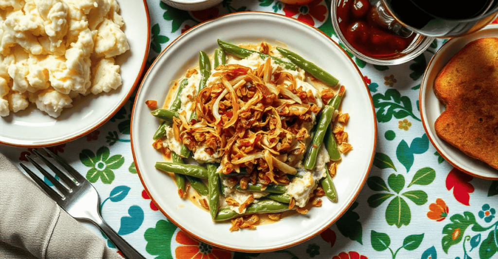 A comforting serving of green bean casserole on a festive plate.
