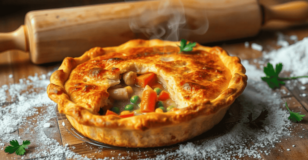 Serving a warm chicken pot pie with a golden, flaky crust
