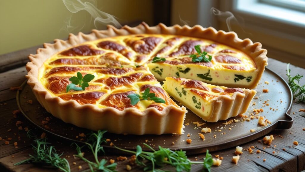 A whole quiche with crispy edges and a savory filling