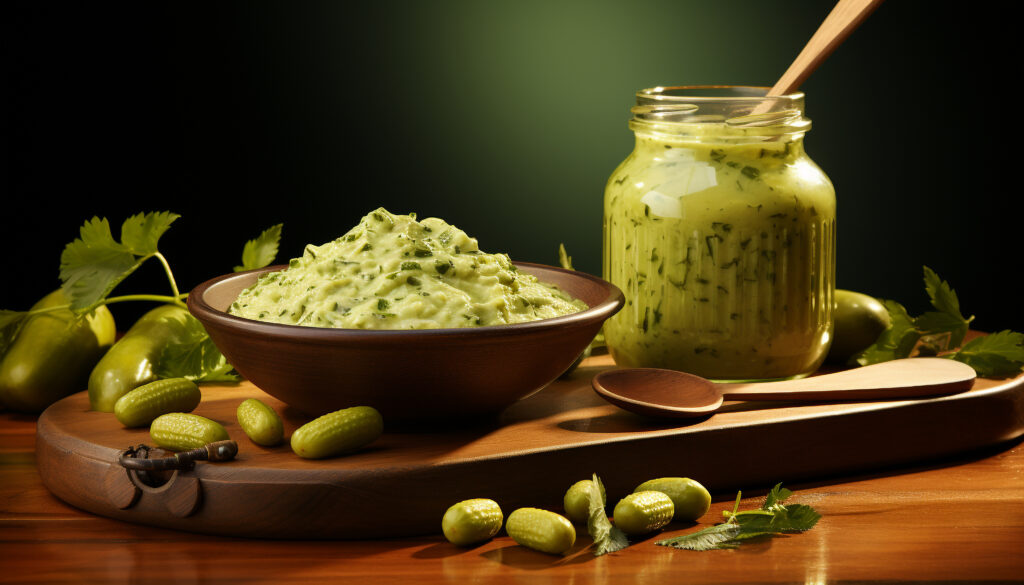 Freshness in a bowl guacamole, wood, spoon, healthy eating, vegetable