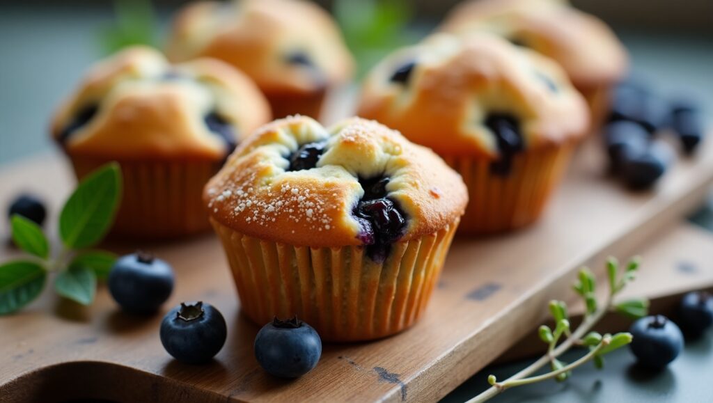 Close-up of a perfectly baked blueberry muffin with a fluffy interior