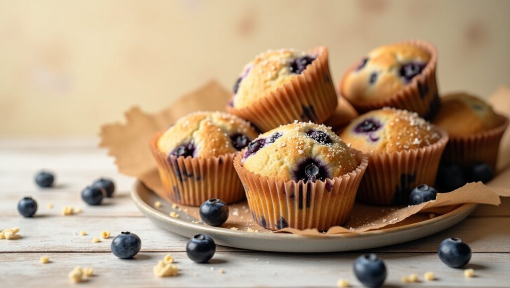 Freshly baked blueberry muffins on a cooling rack