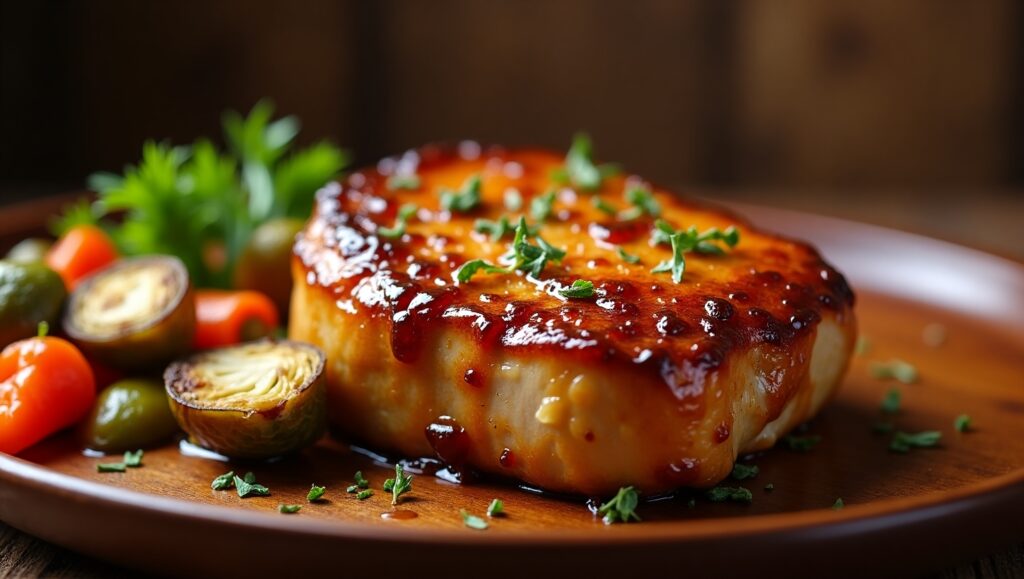 Golden-brown pork chops plated with fresh herbs