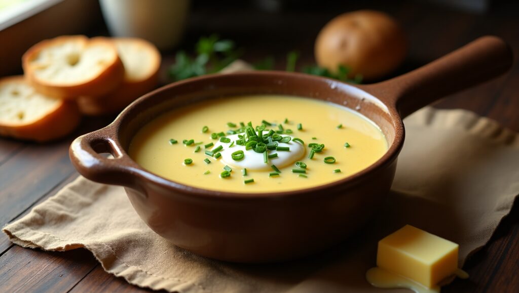 Freshly prepared creamy potato soup served in a bowl with a slice of crusty bread.