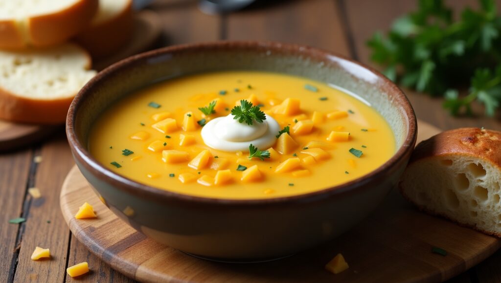 A steaming bowl of cozy potato soup with bacon bits and green onions