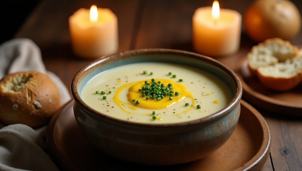 The creamy potato soup made with fresh ingredients and a warm, inviting texture