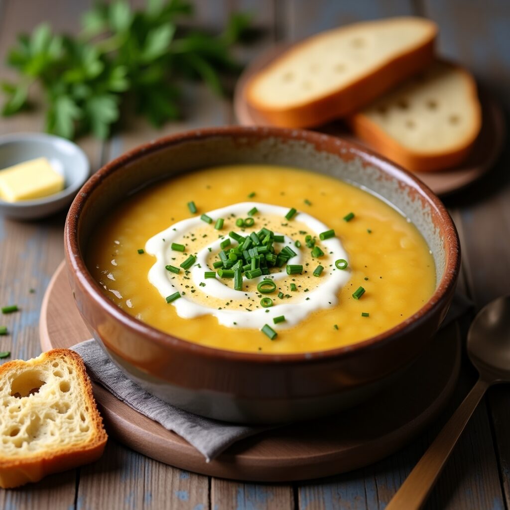 A bowl of Cozy Potato Soup Recipe, garnished with cheese and fresh herbs.