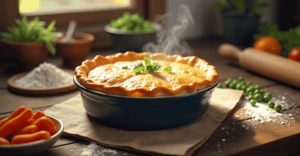 A delicious homemade chicken pot pie with a golden, flaky crust.
