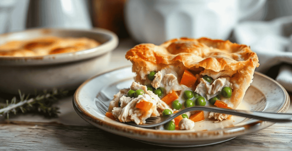 A hearty chicken pot pie filled with creamy chicken and vegetables.
