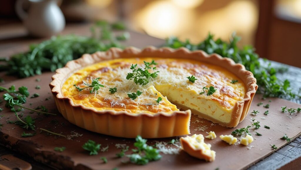 A slice of quiche showing the creamy, fluffy interior.