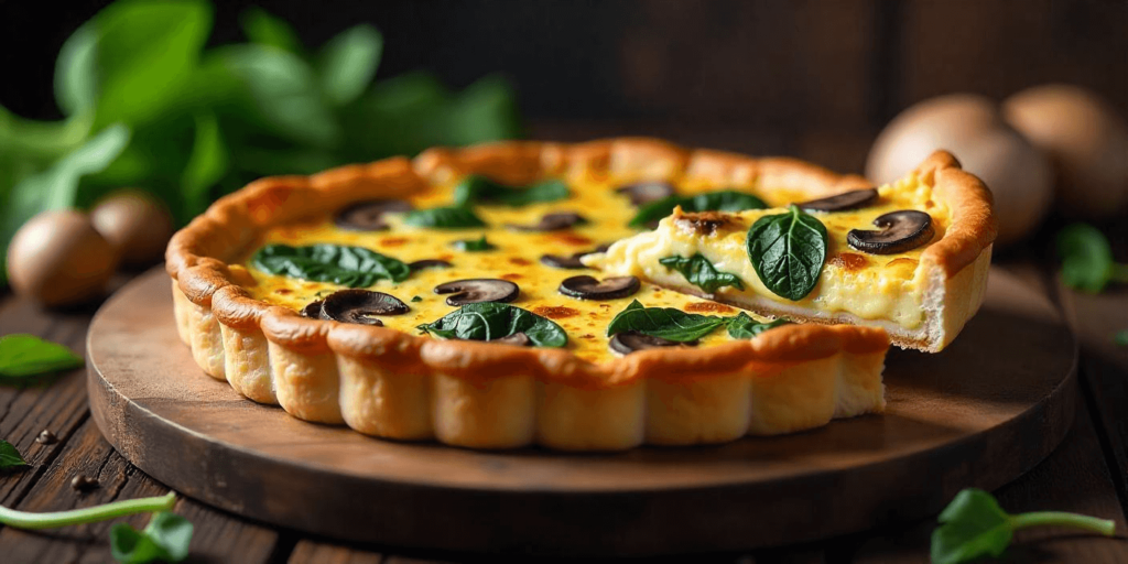 Quiche filled with savory ingredients like spinach, cheese, and herbs