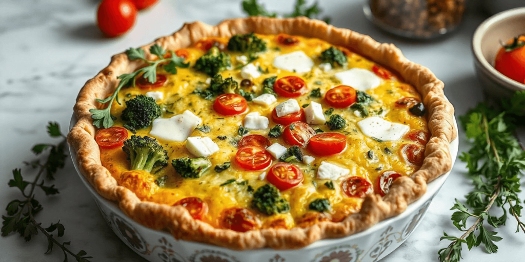 A delicious homemade quiche with a colorful vegetable filling