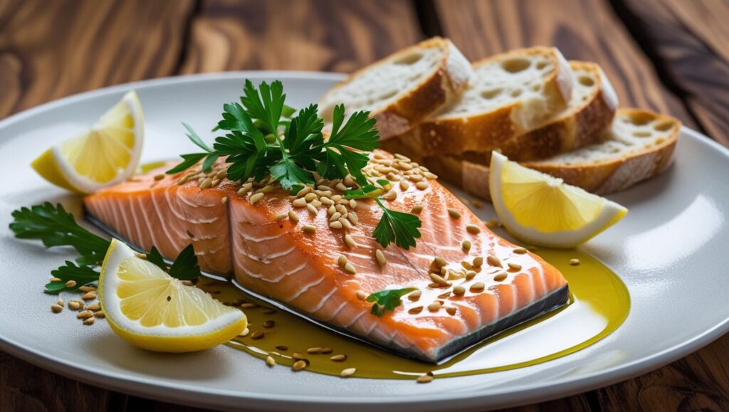 A flaky, perfectly cooked salmon steak served with fresh vegetables and a lemon wedge.