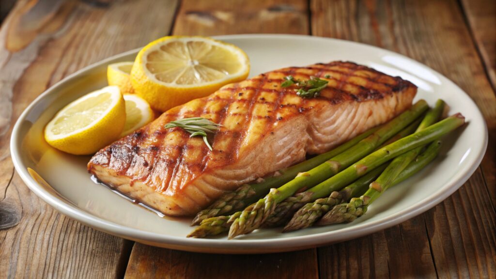 Grilled salmon fillet with asparagus and lemon wedges on a plate.