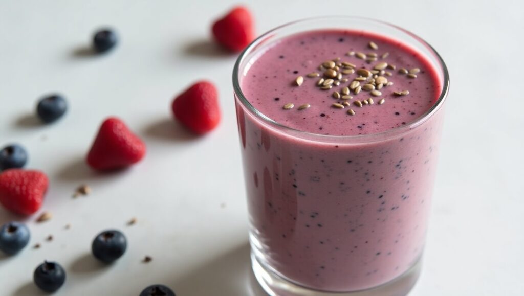 A nutritious smoothie with kale, berries, and protein powder
