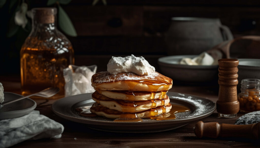 Fluffy Cracker Barrel pancakes stacked high with syrup and butter
