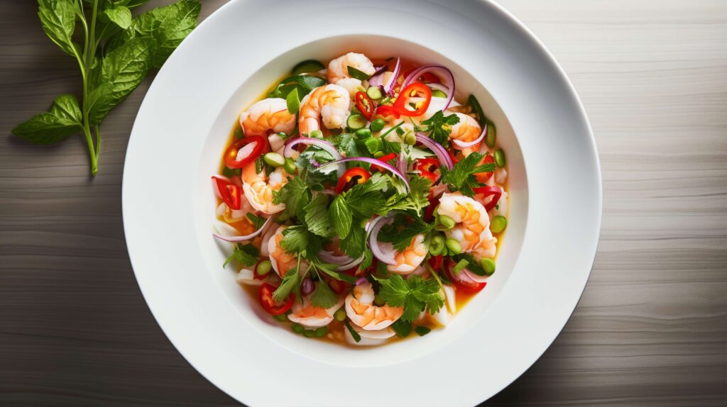 Fresh healthy shrimp salad with colorful vegetables and a light dressing.