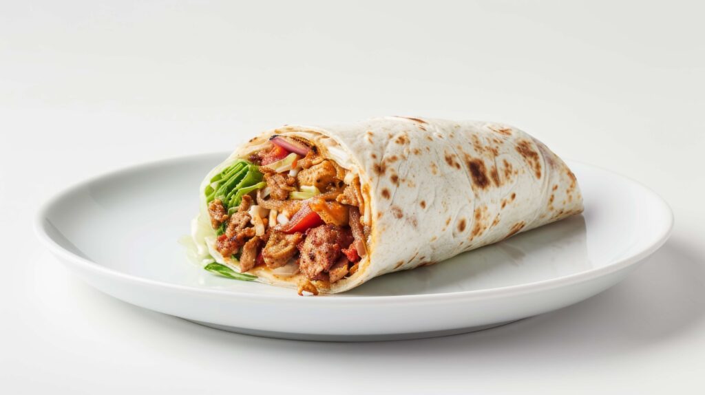 Healthy chicken wrap with a variety of veggies and a light dressing wrapped in a tortilla.