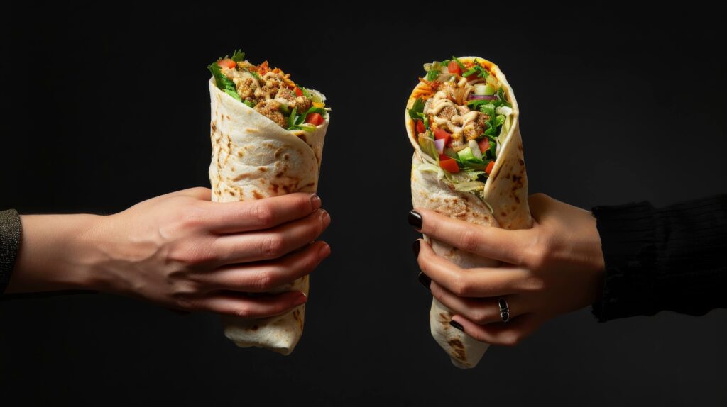 A delicious chicken wrap with grilled chicken, fresh vegetables, and creamy dressing