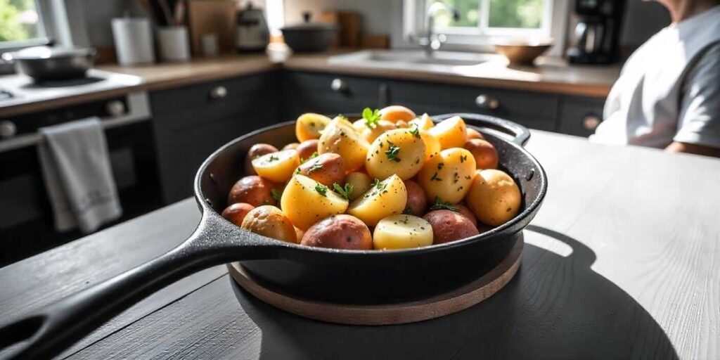 Crispy breakfast potatoes served with eggs