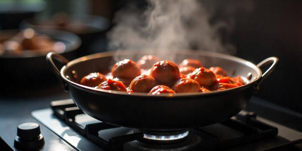 Golden brown gluten free meatballs sizzling in a skillet