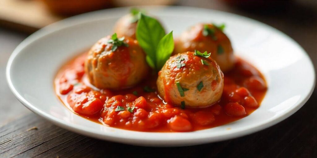 A plate of gluten free meatballs topped with fresh herbs and marinara sauce