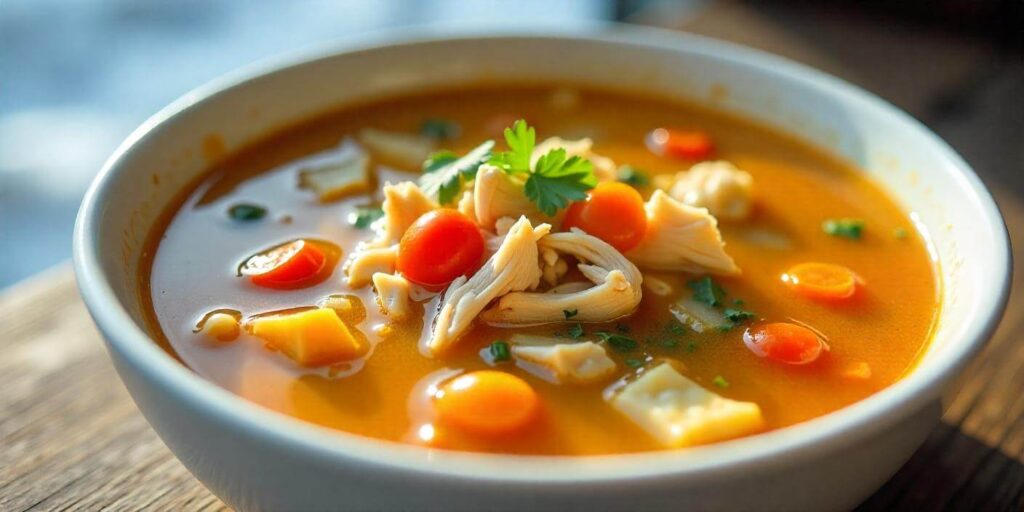 Close-up of creamy Marry Me Chicken Soup with chunks of tender chicken