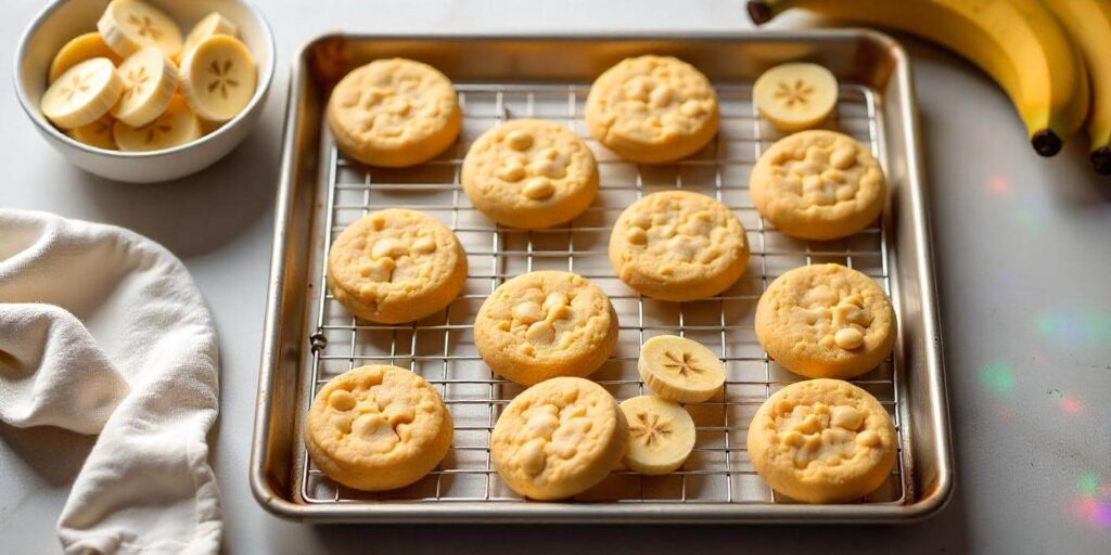 A batch of fresh banana pudding cookies cooling on a wire rack.