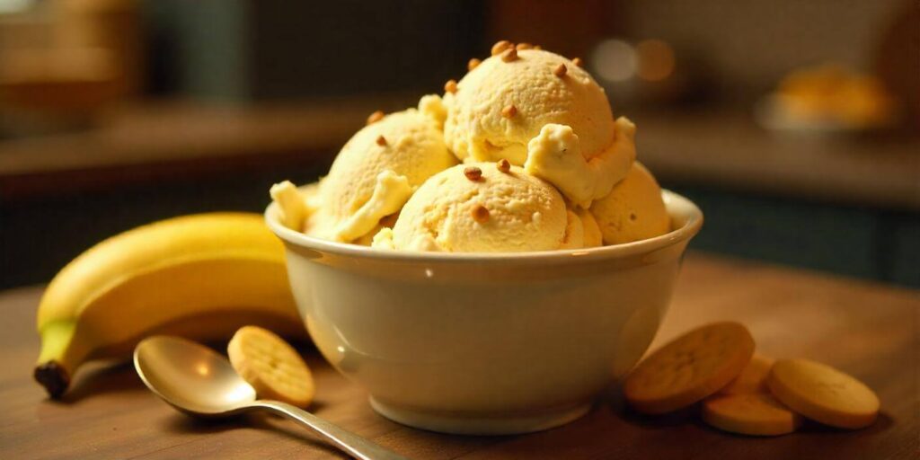 Banana pudding ice cream served with fresh banana slices