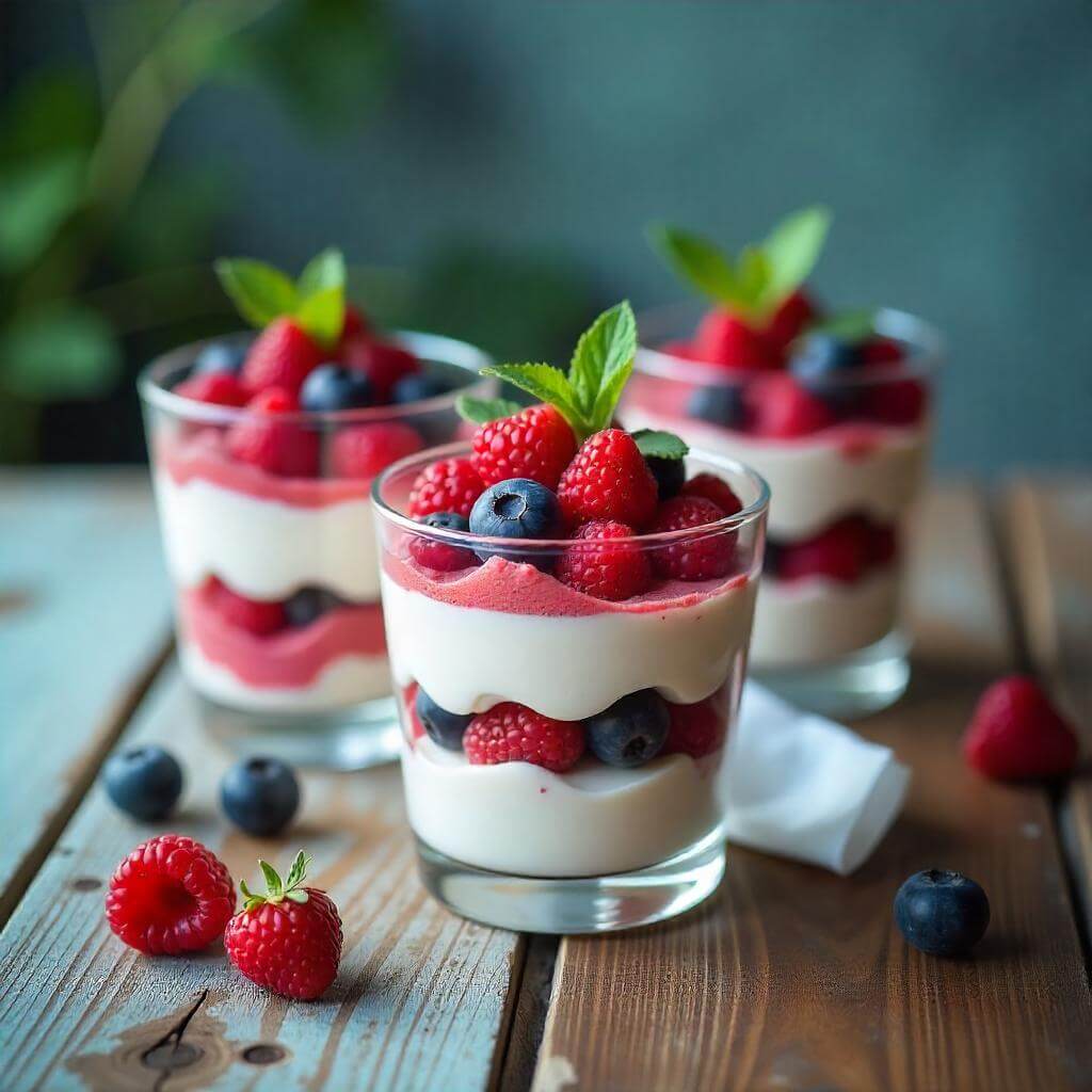 Close-up of a dessert cup topped with blueberries