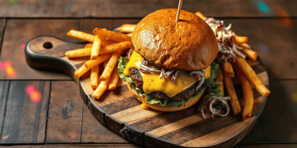 A juicy cheeseburger with homemade burger sauce dripping from the bun