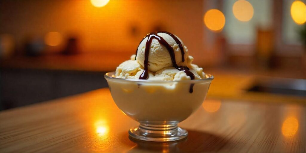 Homemade classic vanilla ice cream served in a bowl