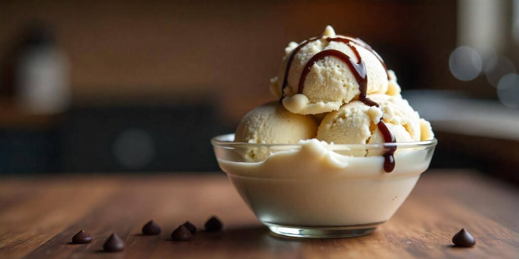 Homemade classic vanilla ice cream in a bowl