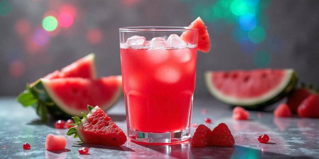 A glass of fresh watermelon juice with ice cubes and a slice of watermelon on the rim.